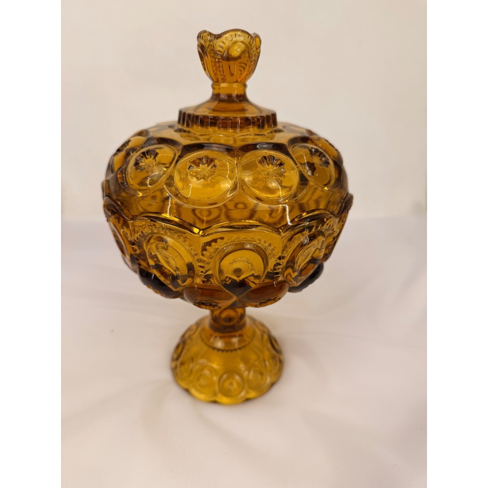 LE Smith Moon and Star Amber Glass Pedestal Candy Dish with Lid 10.5in chip lid